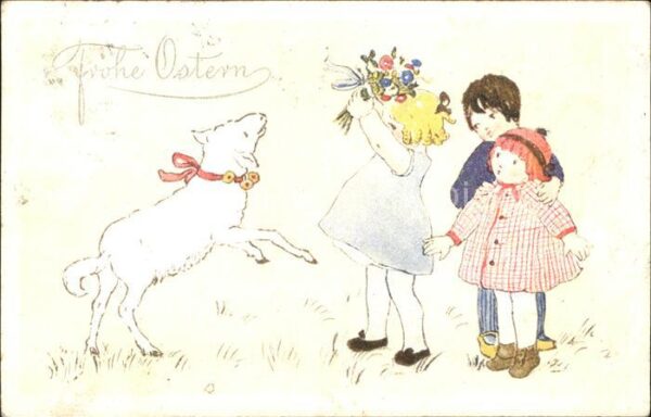 Ostern Easter Paques Kinder Schaf Blumen