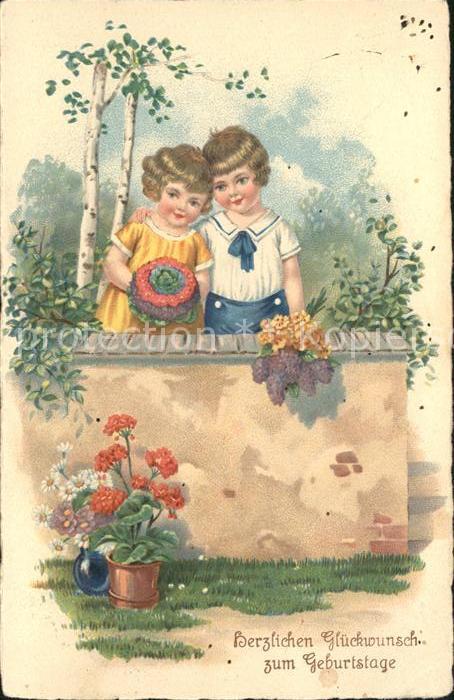 Kinder Child Enfants Glückwunsch Geburtstag Blumen Litho