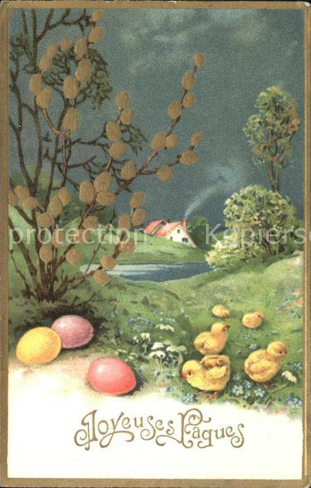 Ostern Easter Paques Küken Ostereier Weidenkätzchen Litho