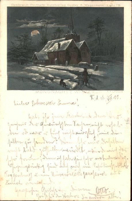 Kuenstlerkarte A.F. Lydon Mondnacht im Winter Rembrand