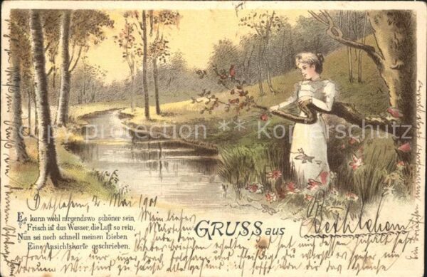 Gedicht auf AK Frau Fluss Bäume Natur Litho
