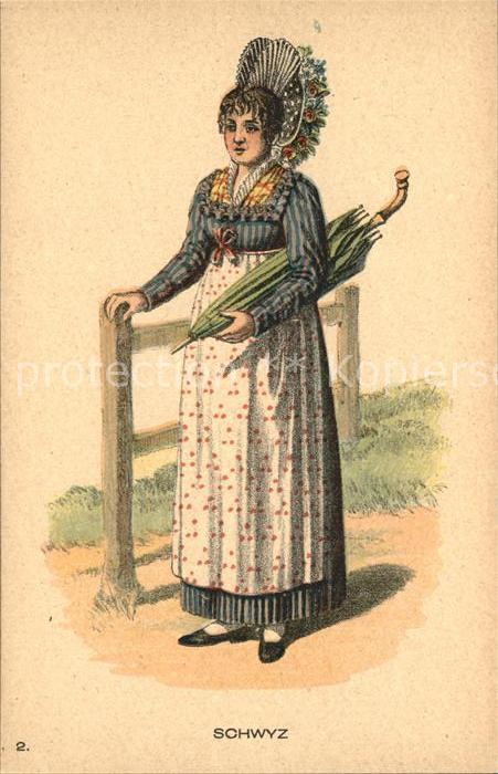 Trachten Schweiz Schwyz Regenschirm Litho