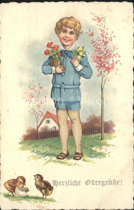 Kinder Child Enfants Ostern Küken Blumen Litho