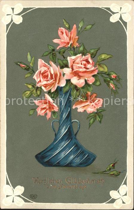 Namenstag Namenskarte Glückwunsch Rosen Vase Litho