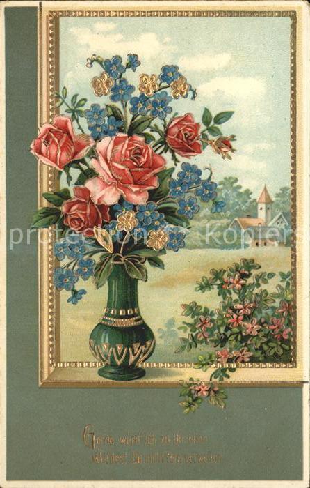 Rosen Vergissmeinnicht Vase Litho Spruch