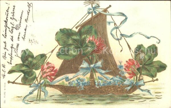 Segelboote Kleeblätter Vergissmeinnicht Litho