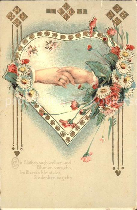 Blumengruesse Margeriten Rosen Hände Herz Litho