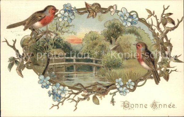 Neujahr Rotkehlchen Vergissmeinnicht Litho