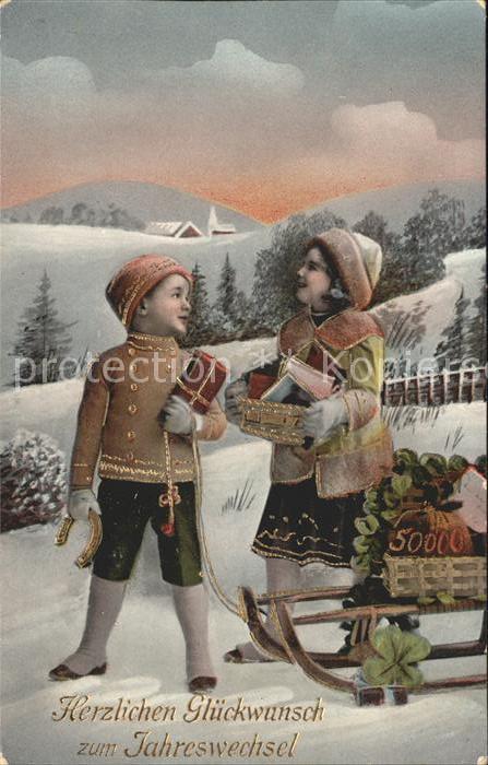Schlitten Schnee Neujahr Kinder Geschenke Kleeblätter Hu