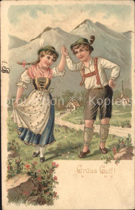 Kinder Child Enfants Tanz Trachten Berge Natur Litho