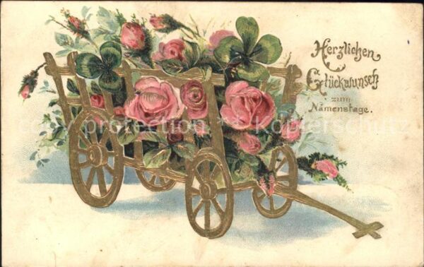Namenstag Namenskarte Rosen Kleeblätter Wagen Litho