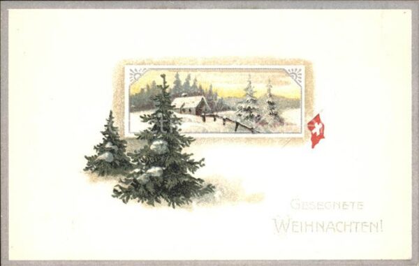 Weihnachten Schweiz Fahnen Tannenbaum Litho