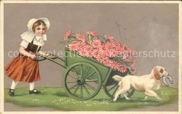 Hunde Kind Margeriten Holzwagen Hufeisen Lith