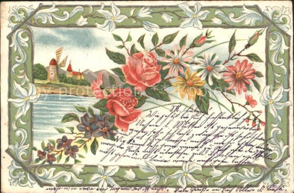 Rosen Veilchen Margeriten Windmühle Litho