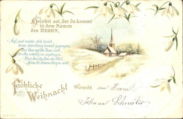 Weihnachten Schneeglöckchen Gedicht Kirche Litho