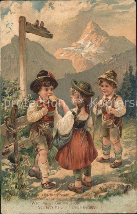 Kinder Child Enfants Wanderung Berge Brot Gedicht Litho
