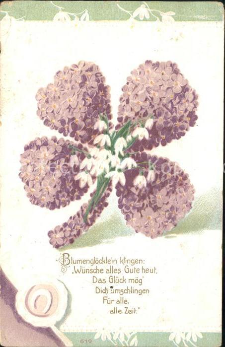 Kleeblatt Cloverleaf Trebol Trefle Schneeglöckchen Veilchen Gedicht Litho