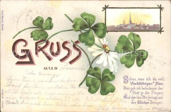 Kleeblatt Cloverleaf Trebol Trefle Margerite Litho Gedicht