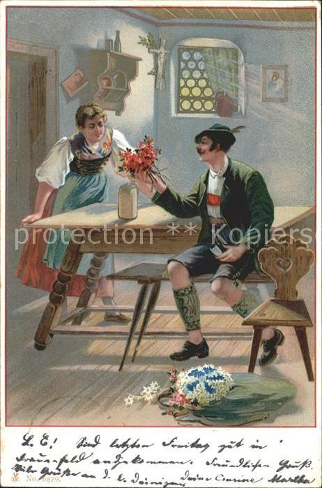Blumen Paar Pfeife Trachten Litho