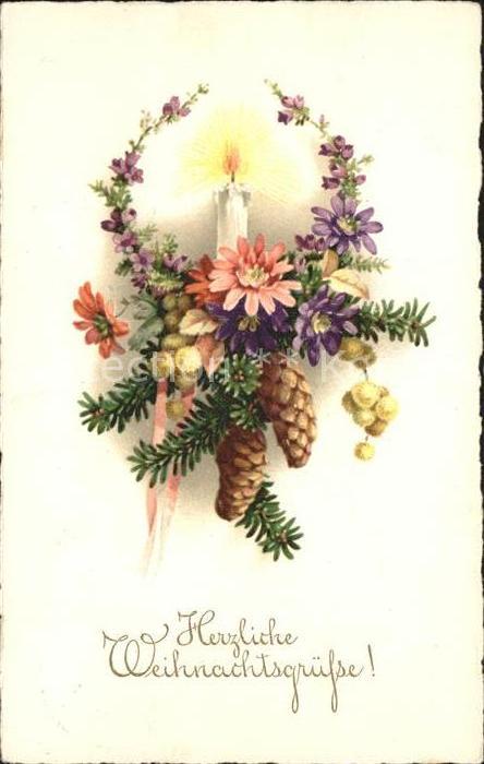 Weihnachten Kerze Tannenzapfen Blumen Litho