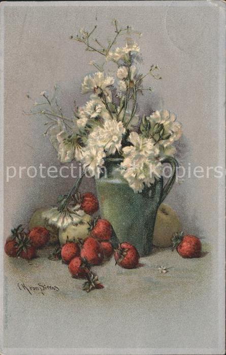 Blumen Nelken Erdbeeren Vase Äpfel Künstlerkar