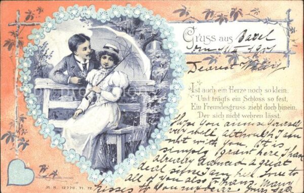 Poesie Gedicht Paar Schirm Blumen Herz Litho