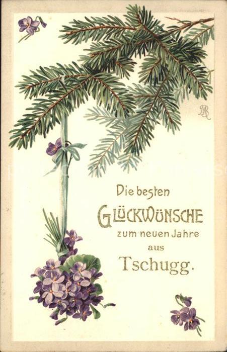 Neujahr Glückwunsch Tschugg Veilchen Litho