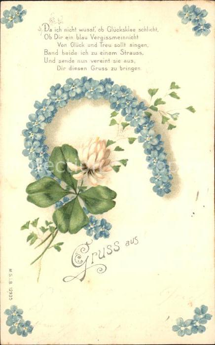 Kleeblatt Cloverleaf Trebol Trefle Hufeisen Vergissmeinnicht Gedicht Litho