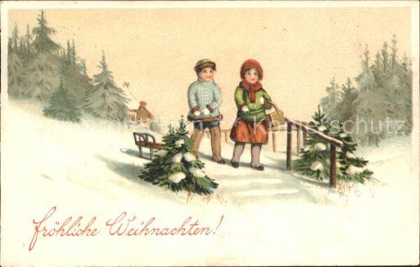 Schlitten Schnee Kinder Wintermode Weihnachten Litho