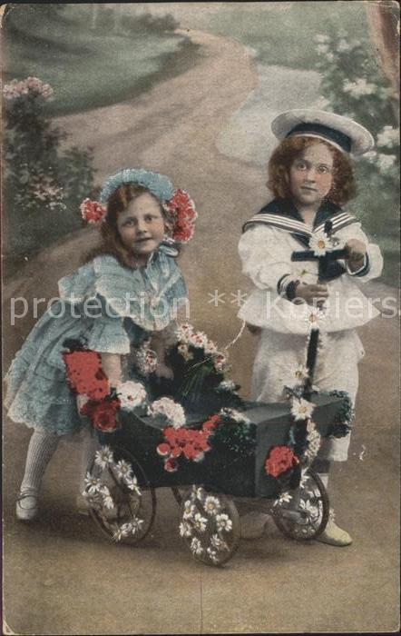 Kinder Child Enfants Mode Hutmode Holzwagen Blumen