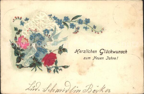 Tauben Rosen Vergissmeinnicht Neujahr Litho