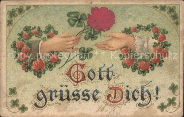 Kleeblatt Cloverleaf Trebol Trefle Rosen Hände Litho