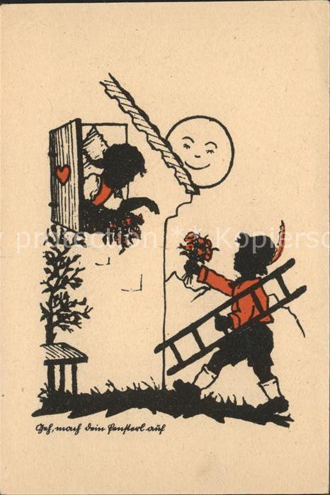 Scherenschnitt Schattenbildkarte Kinder Fenster Blumen Leiter Mond