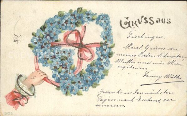 Blumengruesse Vergissmeinnicht Hand Schleife Litho