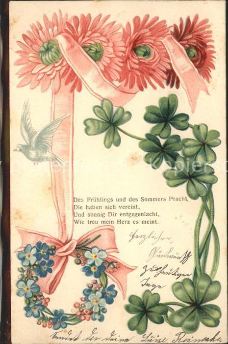 Kleeblatt Cloverleaf Trebol Trefle Blumen Vergissmeinnicht Taube Schleife