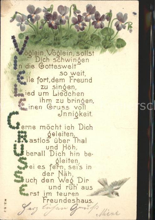 Blumengruesse Veilchen Taube Gedicht Litho