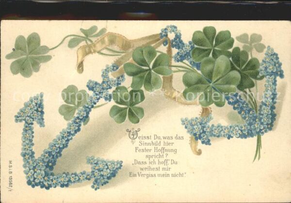 Kleeblatt Cloverleaf Trebol Trefle Vergissmeinnicht Gedicht Anker Litho