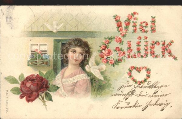 Rosen Frau Tauben Glück Herz Litho