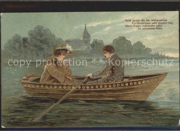 Boote Bootsfahrt Paar Hutmode Gedicht Litho