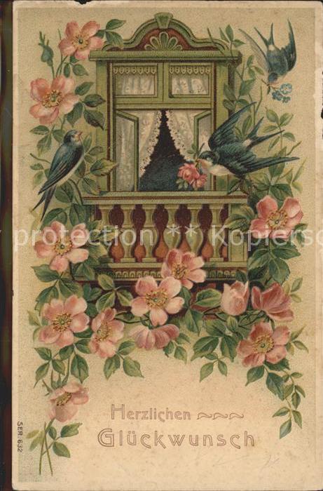 Glueckwunsch Rosen Schwalben Fenster Litho
