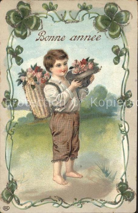 Neujahr Kind Rosen Kleeblätter Litho