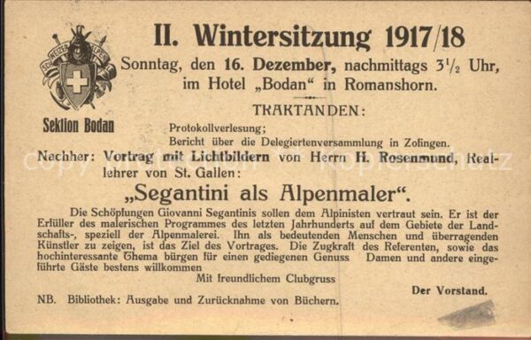 Segantini Giovanni Kuenstlerkarte Sektion Bodan II Wintersitzung Einladun