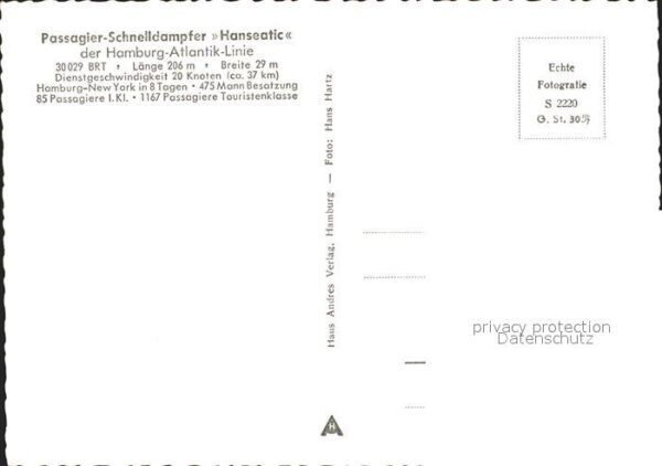 Dampfer Oceanliner Hanseatic Hamburg-Atlantik-Linie – Bild 2