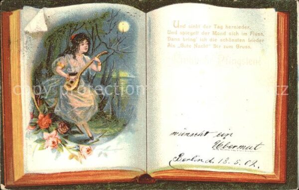 Mandoline Frau Rosen Buch Gedicht Litho