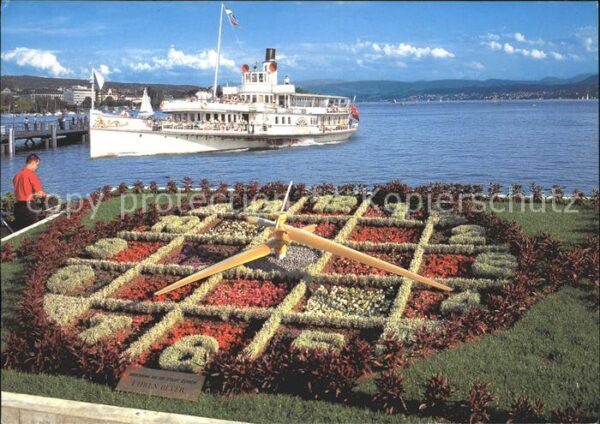 Dampfer Seitenrad Zürich Blumenuhr Bürkliplatz