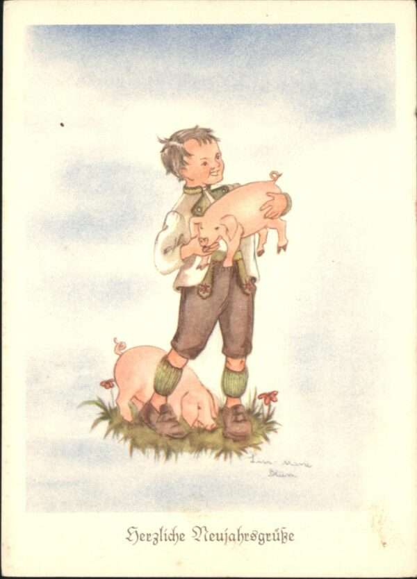 Neujahr Schweine Kind Junge Künstler L. M. Blum