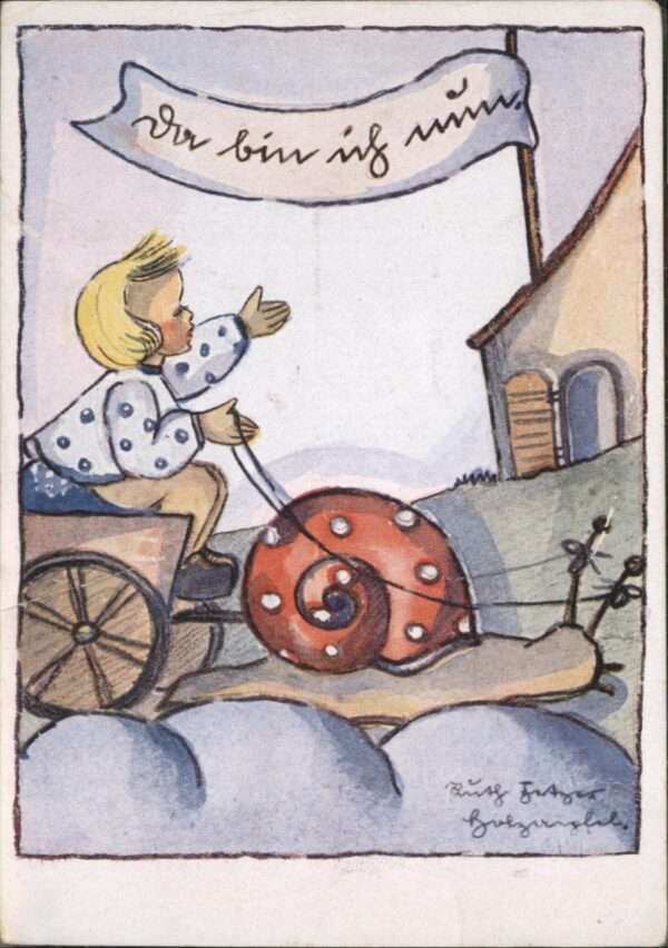 Kuenstlerkarte Ruth Fetzer-Holzaepfel Schnecke Kind Mä