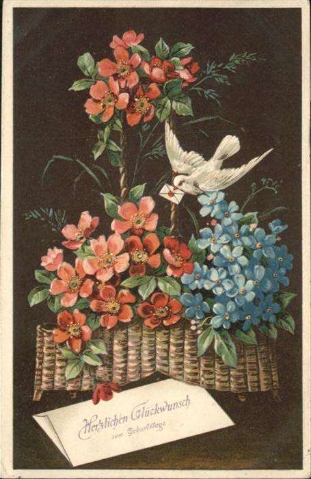 Brieftaube Carrier Pigeon voyageur Geburtstag Blumen Prägedruckkarte