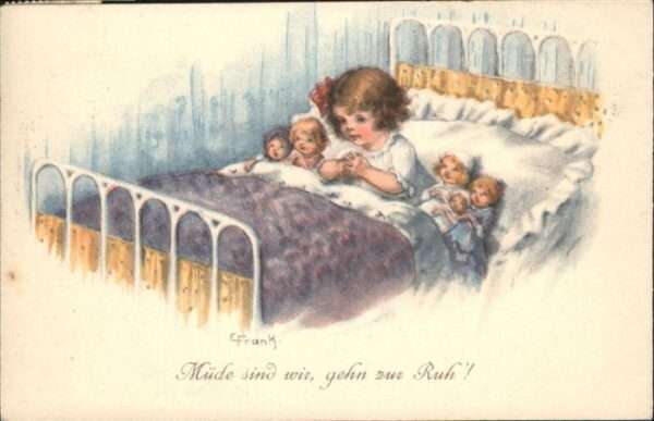 Kuenstlerkarte E. Frank Kind Mädchen Puppen Beten