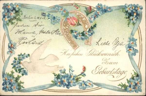 Tauben Hufeisen Blumen Prägedruckkarte Stoffap